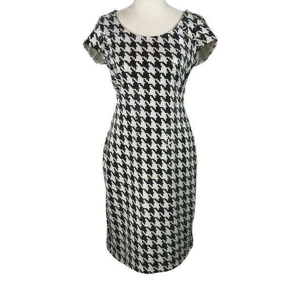 Stunning! eci New York Black & White Clear Sequins Houndstooth Print Dre… - Picture 1 of 12